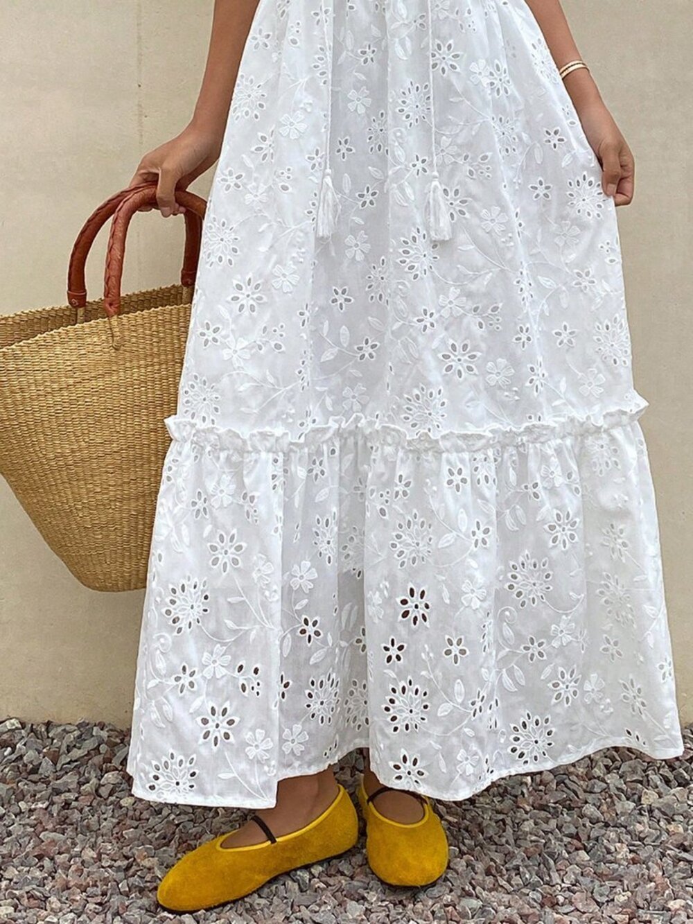 Ivory White Boho Women's Hollow Out Frill Trim Tie Waist Long Puff Sleeve Dress - Picture 7 of 7
